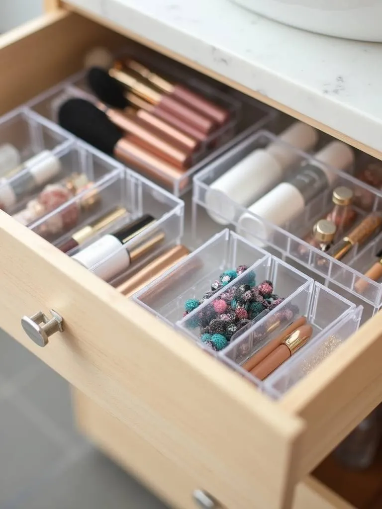 Organized bathroom drawer with clear acrylic dividers separating makeup, skincare, and hair accessories.