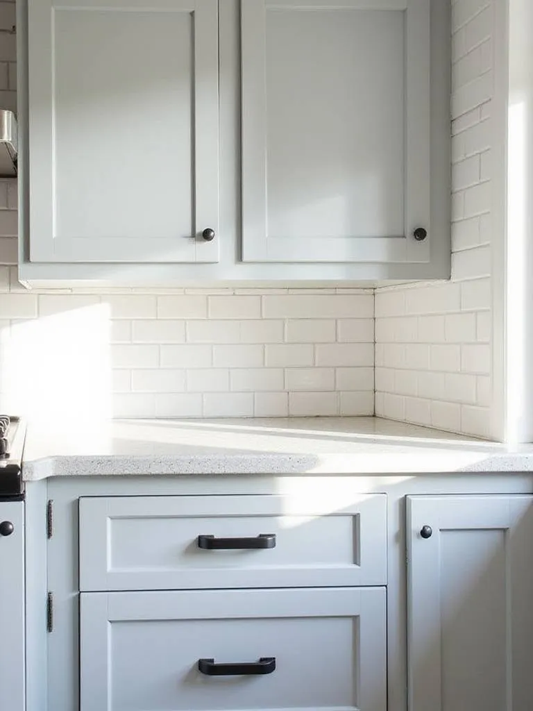 Modern farmhouse kitchen with gray cabinets, matte black knobs and cup pulls, and light quartz countertops.