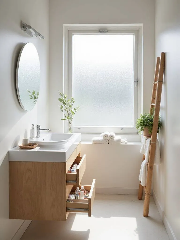 Small bathroom featuring a floating vanity with built-in storage, a round LED mirror, and a decorative bamboo ladder for towels.