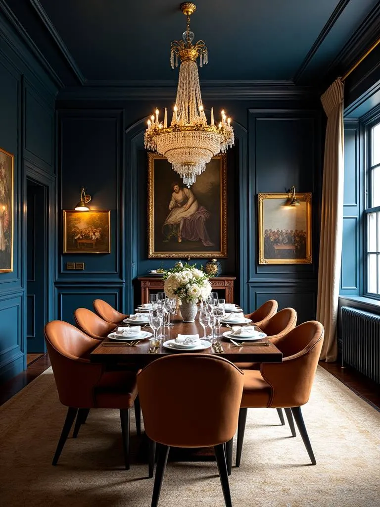Dramatic dining room with dark blue walls, chandelier, and elegant table setting.