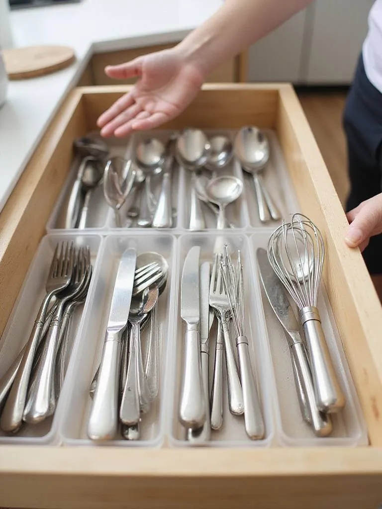 Organized kitchen utensil drawer with clear acrylic dividers separating spoons, forks, knives, and other utensils.
