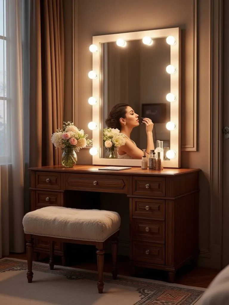 Luxury bedroom vanity table with Hollywood mirror, walnut wood, and velvet stool