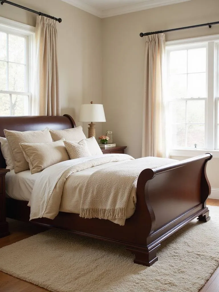 Elegant master bedroom featuring a classic cherry wood sleigh bed with plush bedding.