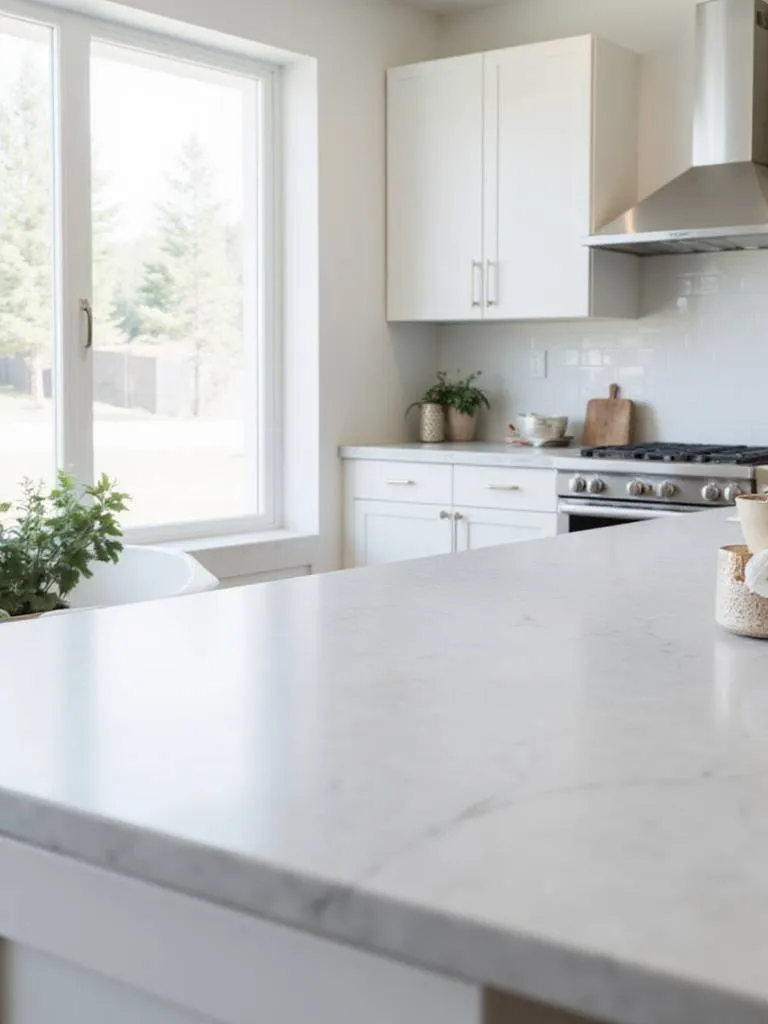 Modern kitchen with light gray quartz countertops and white handleless cabinets.