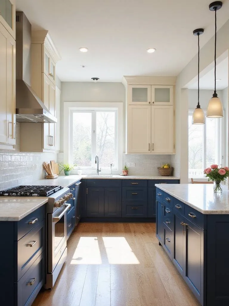 Modern kitchen featuring two-tone cabinets: light upper cabinets and navy blue lower cabinets and island.
