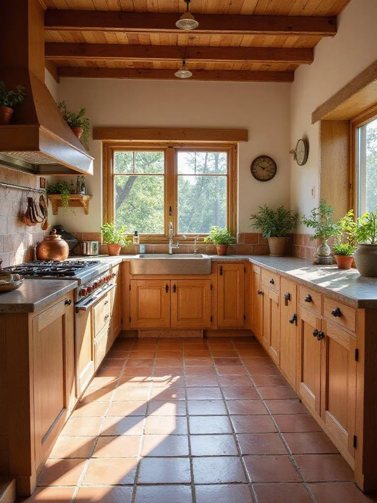 Rustic kitchen with terracotta tile flooring and backsplash, emphasizing earthy tones and natural materials.
