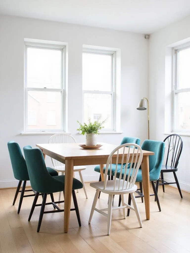 Eclectic dining room with mixed and matched dining chairs in various styles and colors.
