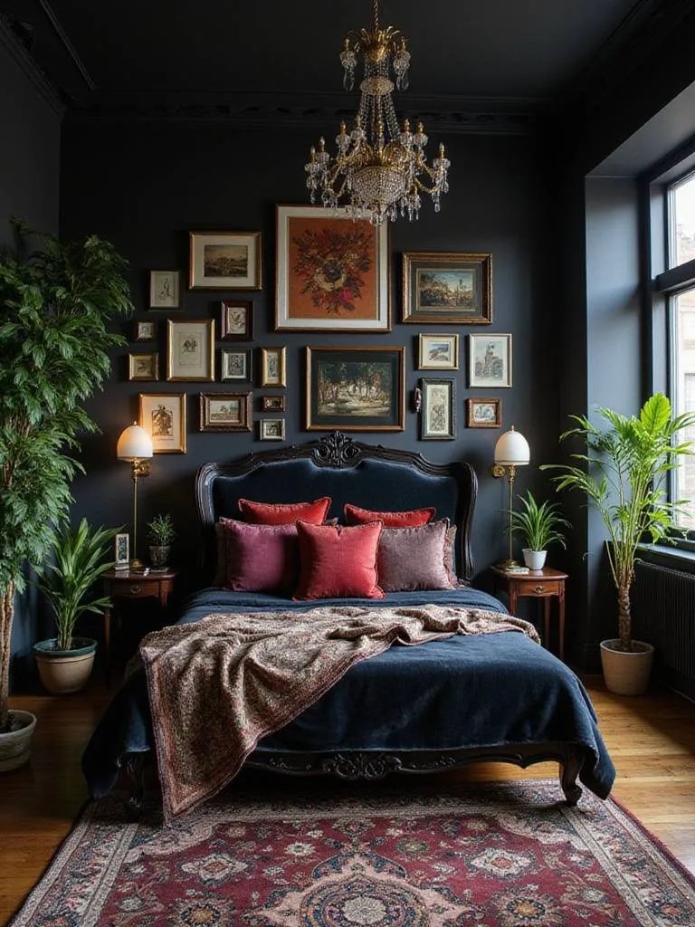Eclectic maximalist black bedroom with gallery wall, layered rugs, and vintage furniture.
