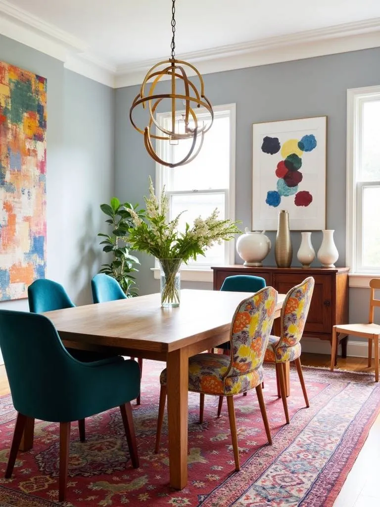 Eclectic dining room with mixed-style chairs, reclaimed wood table, and abstract art.
