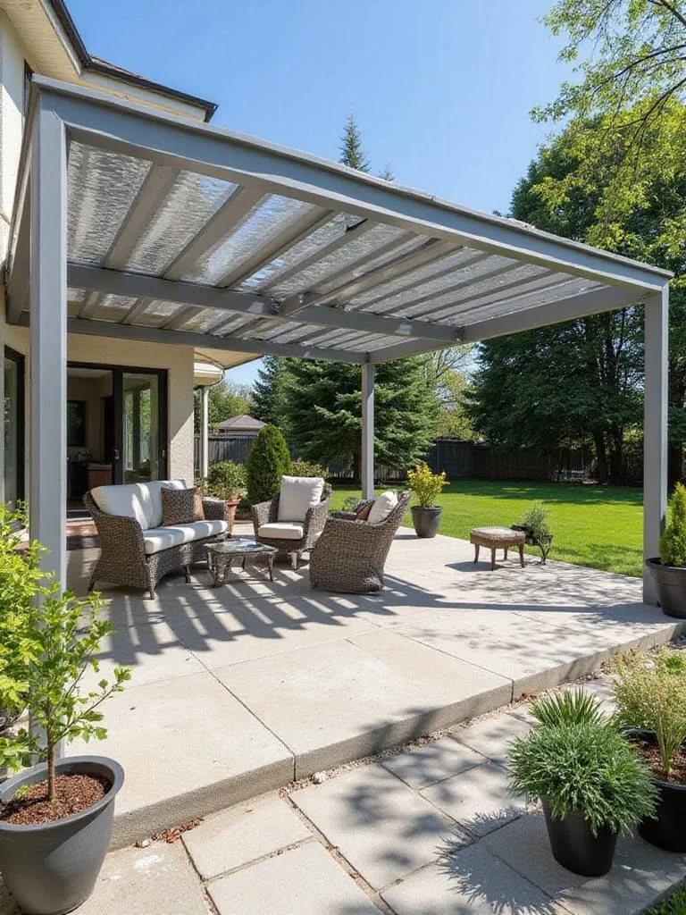 Low-maintenance aluminum pergola shading a modern patio.