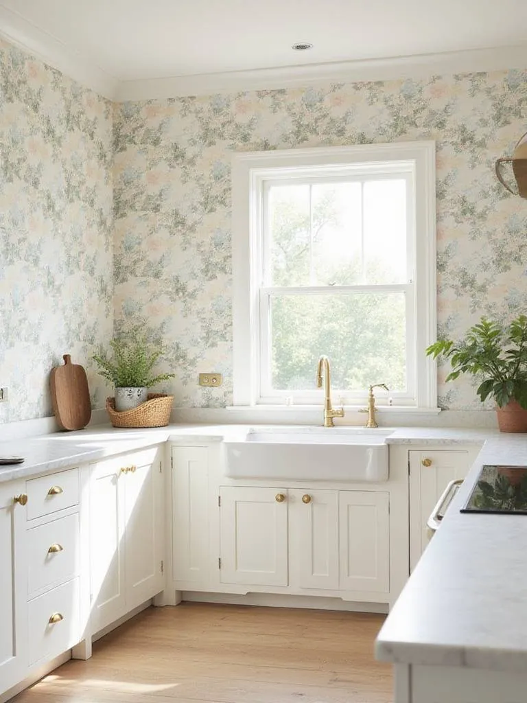Elegant kitchen with pastel floral wallpaper, white cabinets, and marble countertops.
