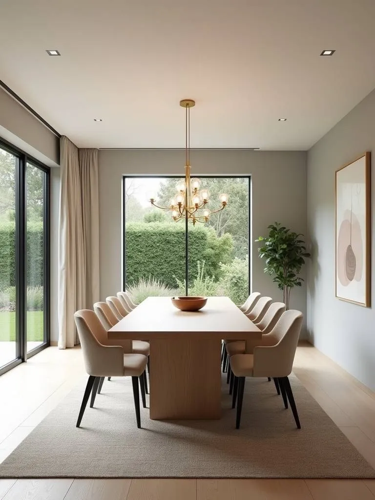 Elegant neutral dining room with soft gray walls, beige chairs, and a wooden table.