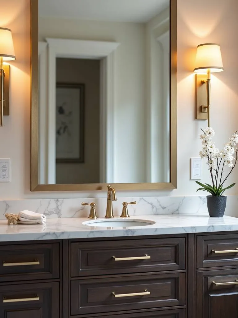 Elegant bathroom with symmetrical sconces flanking a mirror for sophisticated lighting.