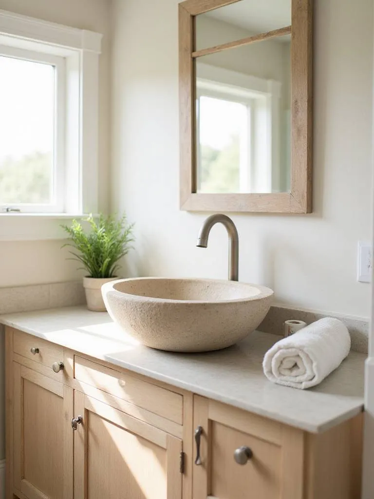 Farmhouse bathroom with natural stone vessel sink and light wood vanity