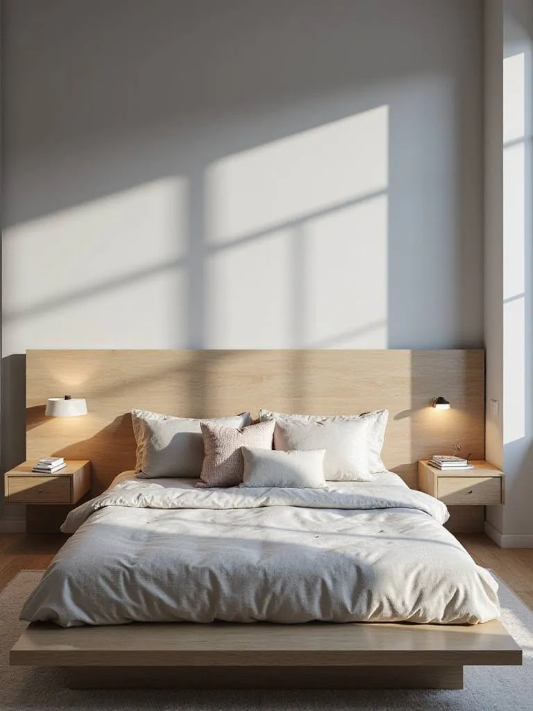 Modern bedroom featuring floating nightstands and neutral decor.