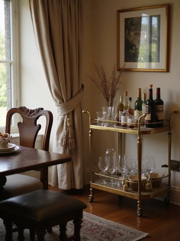 Chic gold bar cart in a dining room, styled with liquor bottles and glassware.