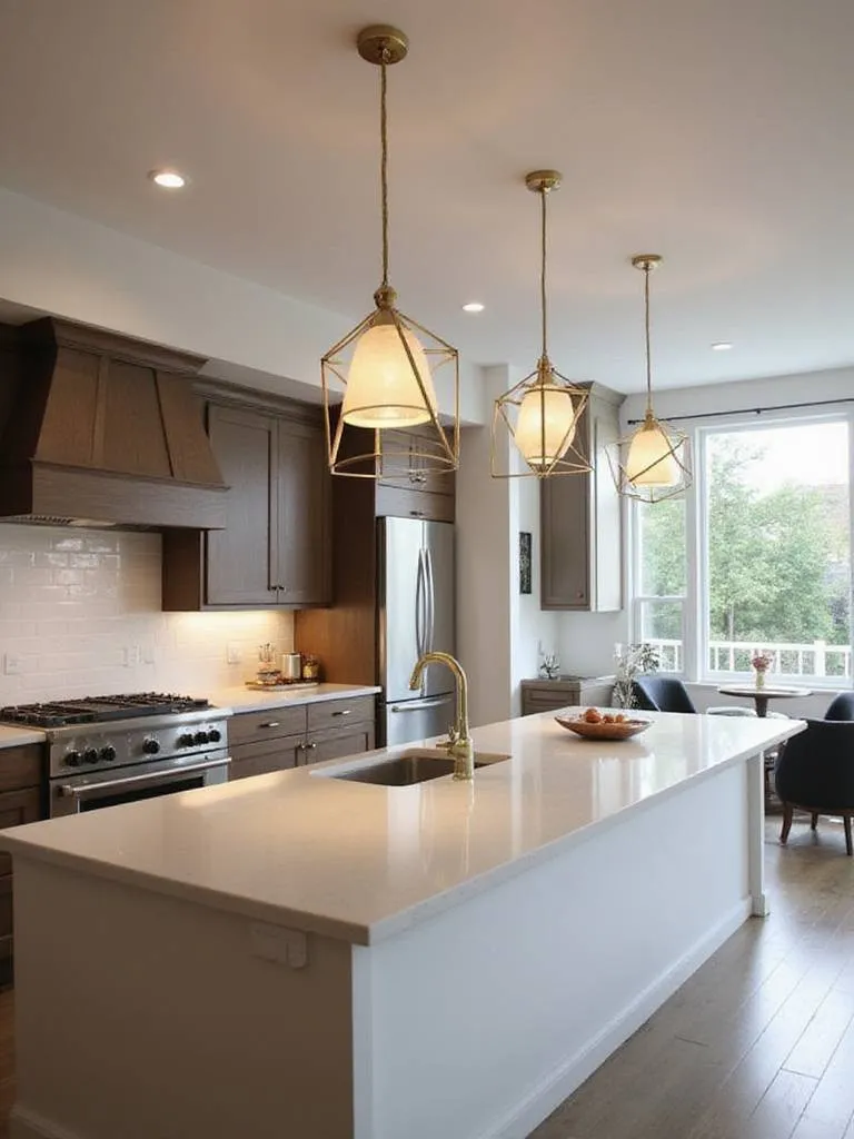 Modern kitchen with geometric pendant lights above island