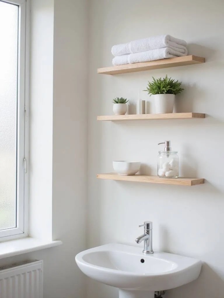 Small bathroom with light wood floating shelves above a pedestal sink displaying towels, plants, and toiletries.