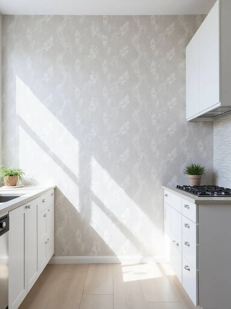 Modern kitchen with white cabinets and geometric patterned wallpaper accent wall