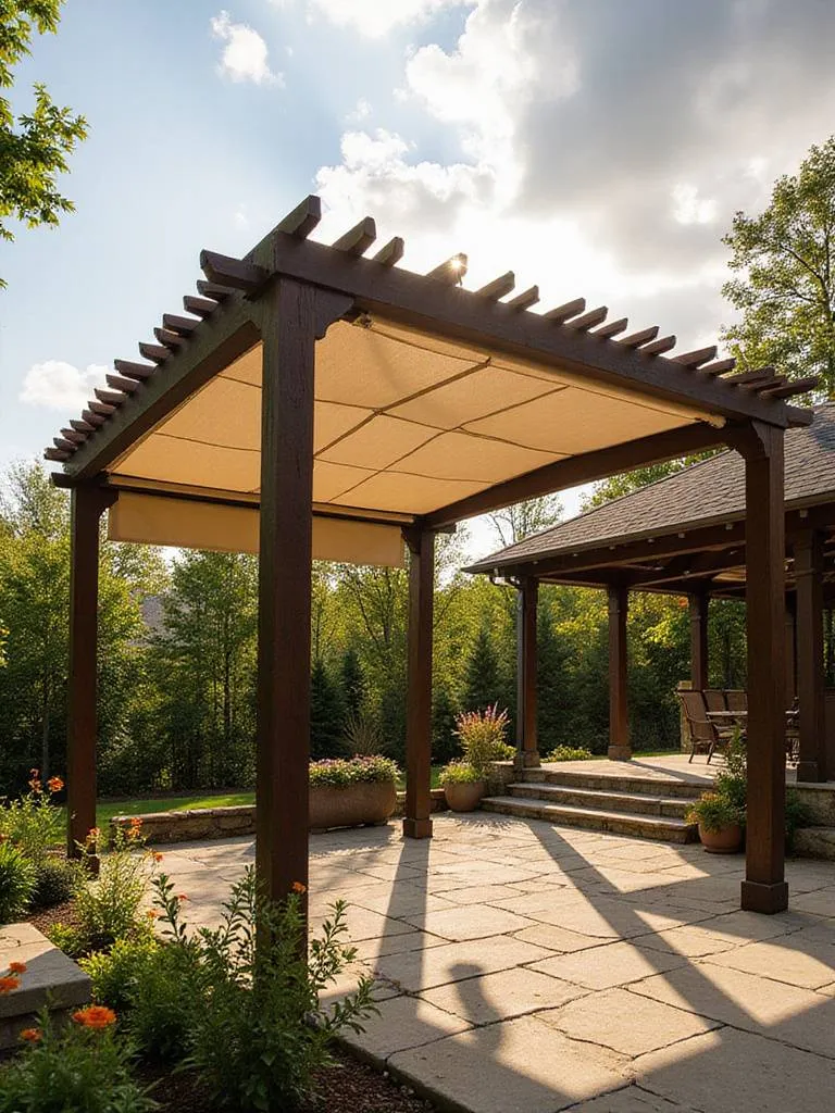 Patio pergola with retractable canopies offering shade and weather protection.