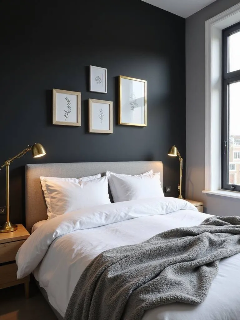 Modern bedroom with matte black accent wall and light gray headboard