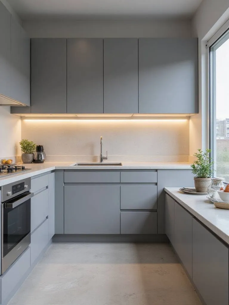 Modern kitchen with sleek, handleless gray cabinets and light <a href=