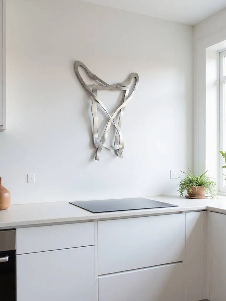 Minimalist kitchen with sleek white cabinets and a large abstract stainless steel wall sculpture.