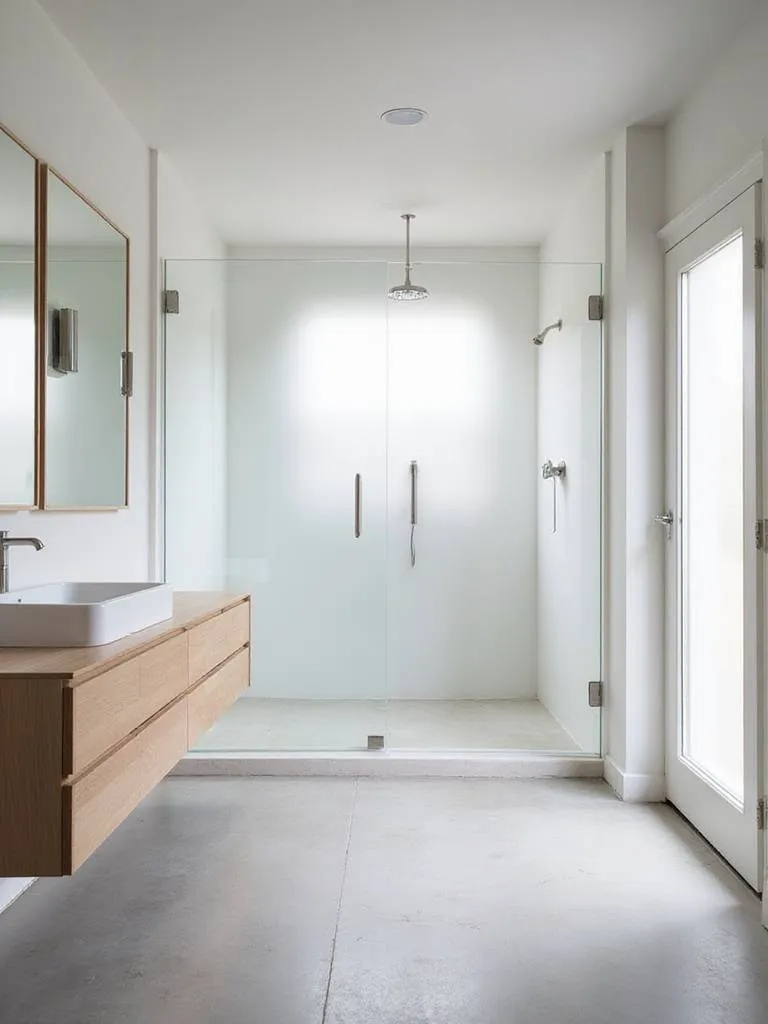 Modern minimalist bathroom with floating vanity and walk-in shower