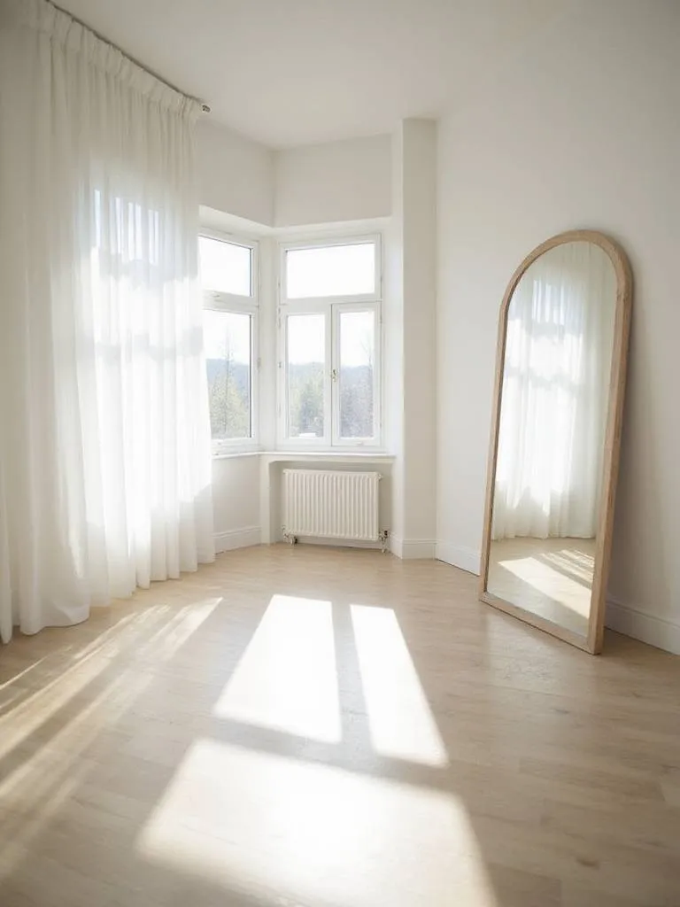Bright, airy bedroom with natural light streaming through sheer curtains.