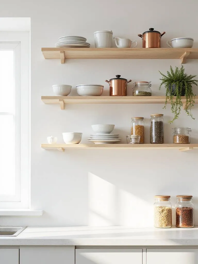 Modern kitchen with open shelving displaying dishes, cookware, and spices.