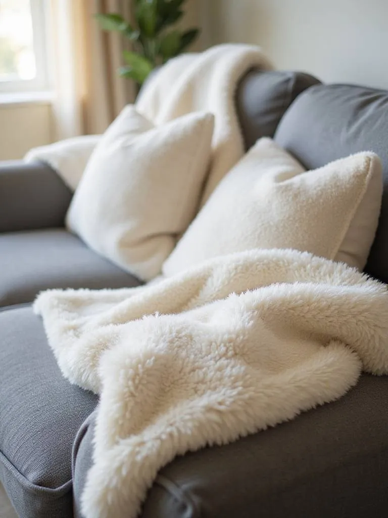 Cozy gray sofa with a plush cream-colored faux fur throw blanket draped over the arm.
