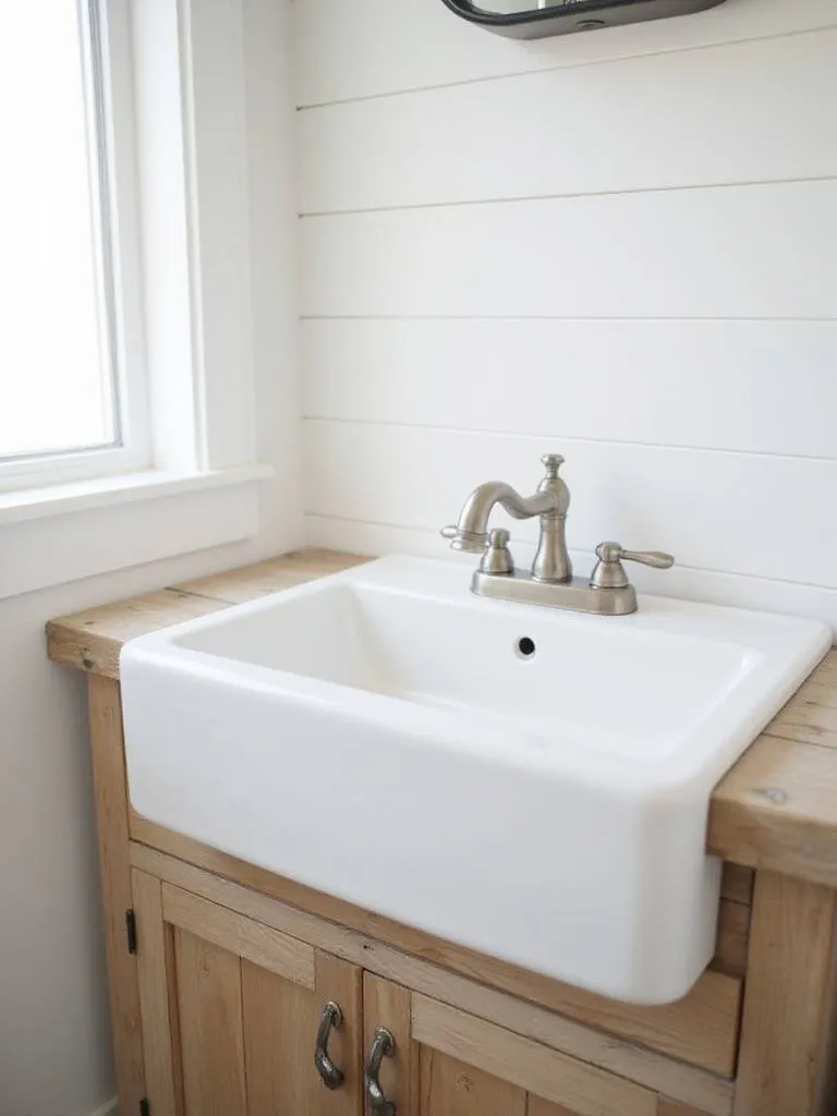 Farmhouse bathroom with white fireclay apron-front sink and reclaimed wood vanity
