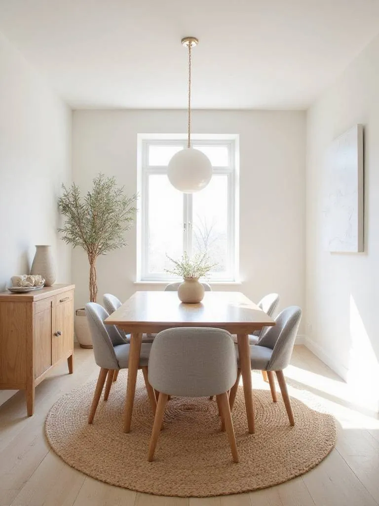 Neutral dining room with wooden table, linen chairs, and jute rug.