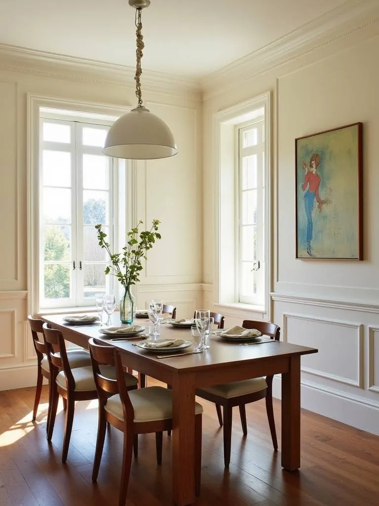 Elegant dining room with creamy white walls and soft beige trim, creating a warm and inviting atmosphere.