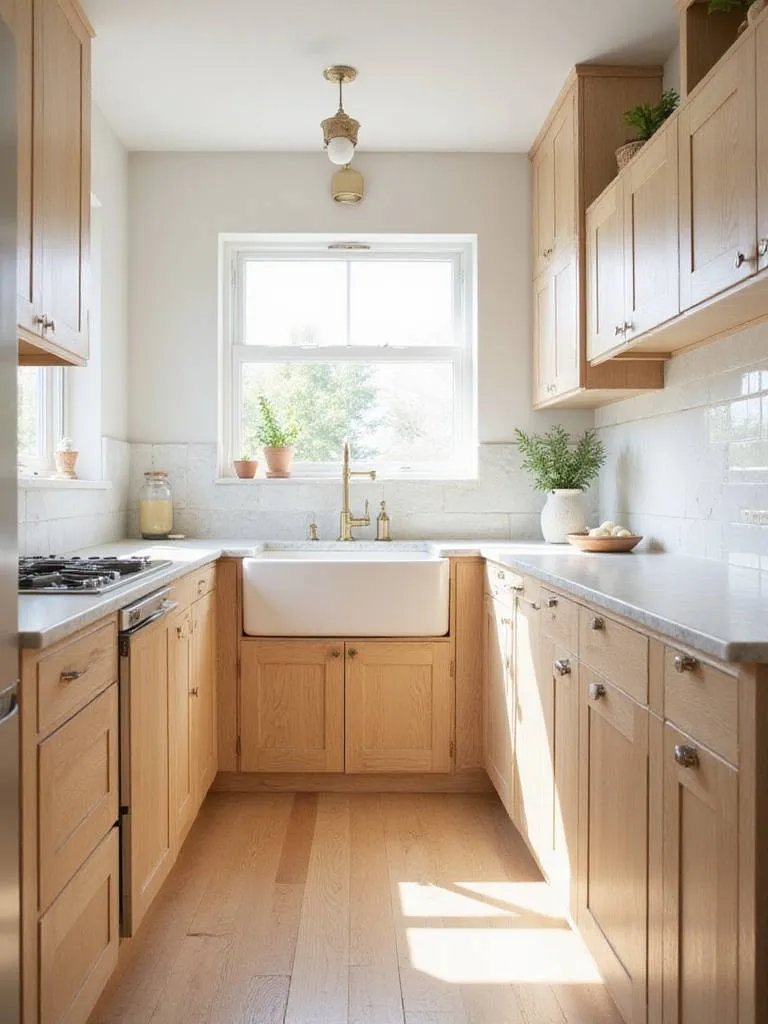 Kitchen with light oak natural wood cabinets and marble countertop