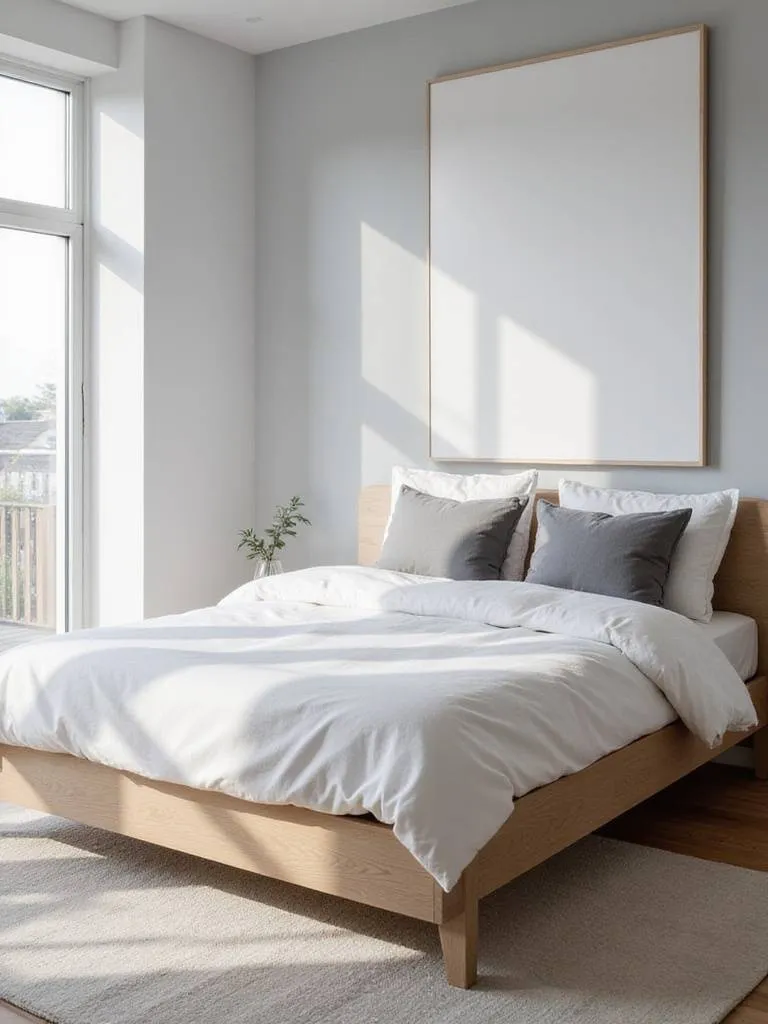 Modern bedroom with light oak platform bed frame and minimalist decor