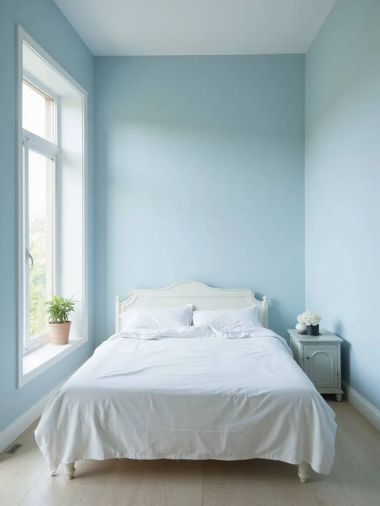 Bedroom with light blue walls and simple white furniture, showcasing the transformative power of paint.