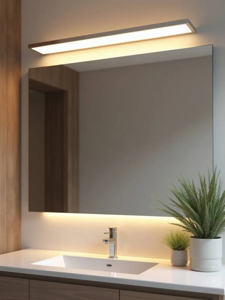 Modern bathroom with energy-efficient LED light bar above the mirror.