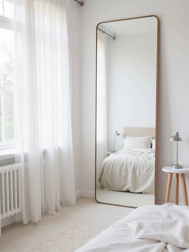 Modern bedroom interior with a full-length mirror reflecting natural light and creating a sense of spaciousness.