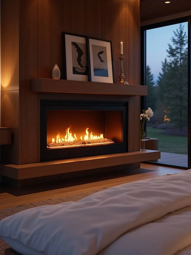 Luxury bedroom with built-in gas fireplace and modern mantel