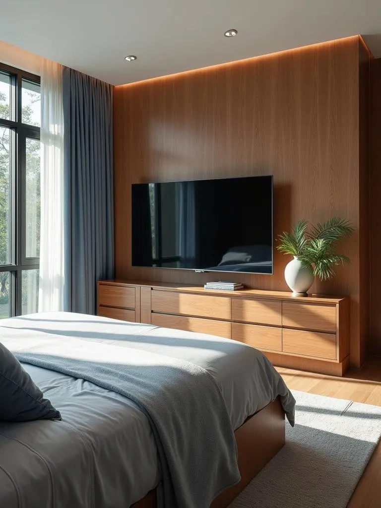 Luxury bedroom featuring a pop-up television cabinet integrated into a modern dresser.