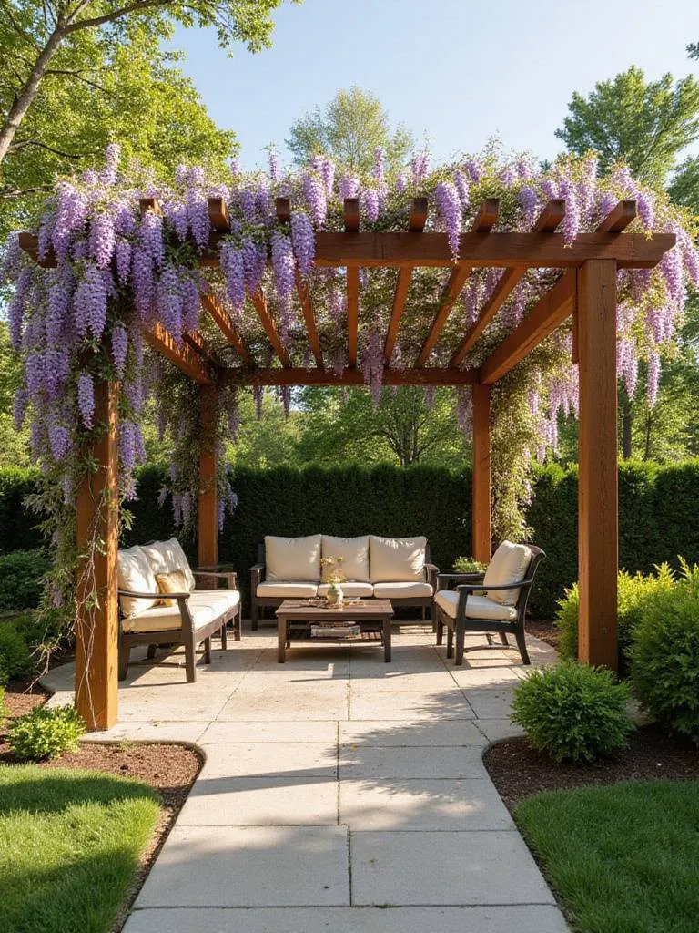 Patio pergola with wisteria providing shade and comfort.