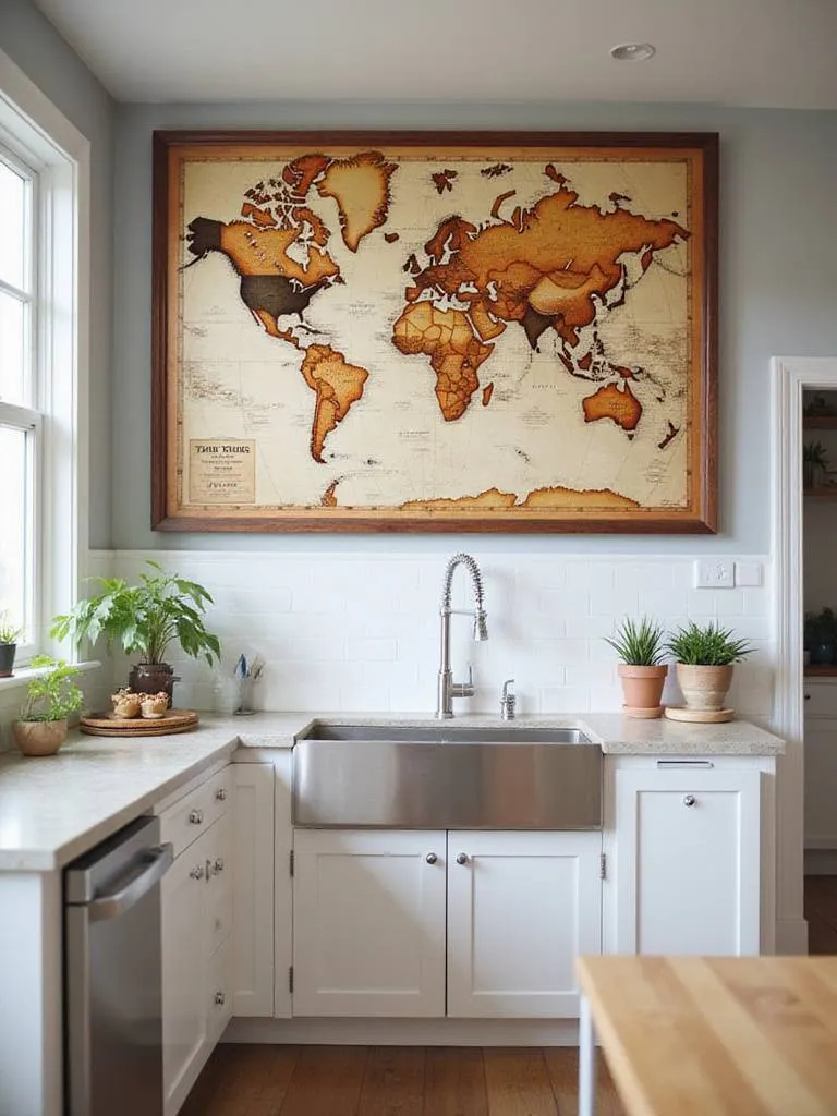 Kitchen wall decor featuring a vintage world map