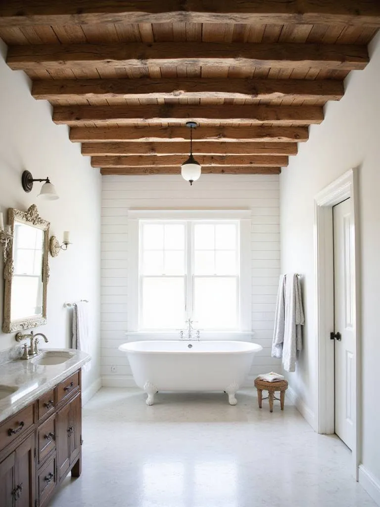 Farmhouse bathroom with exposed reclaimed wood beams.