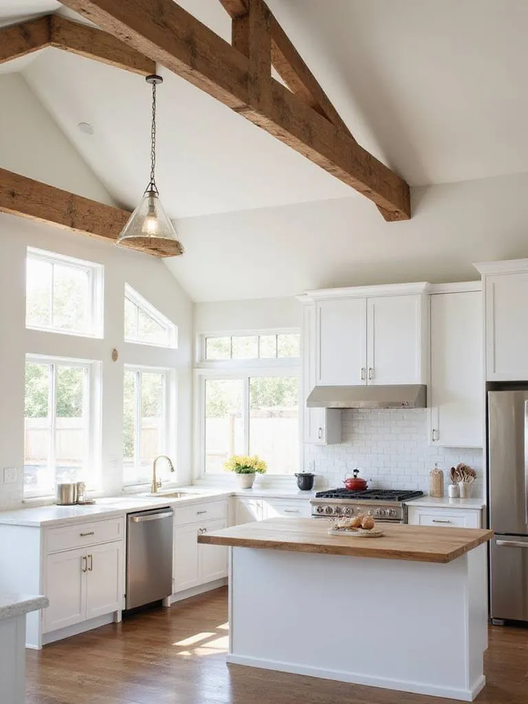 Farmhouse kitchen with exposed wood beams on a white vaulted ceiling