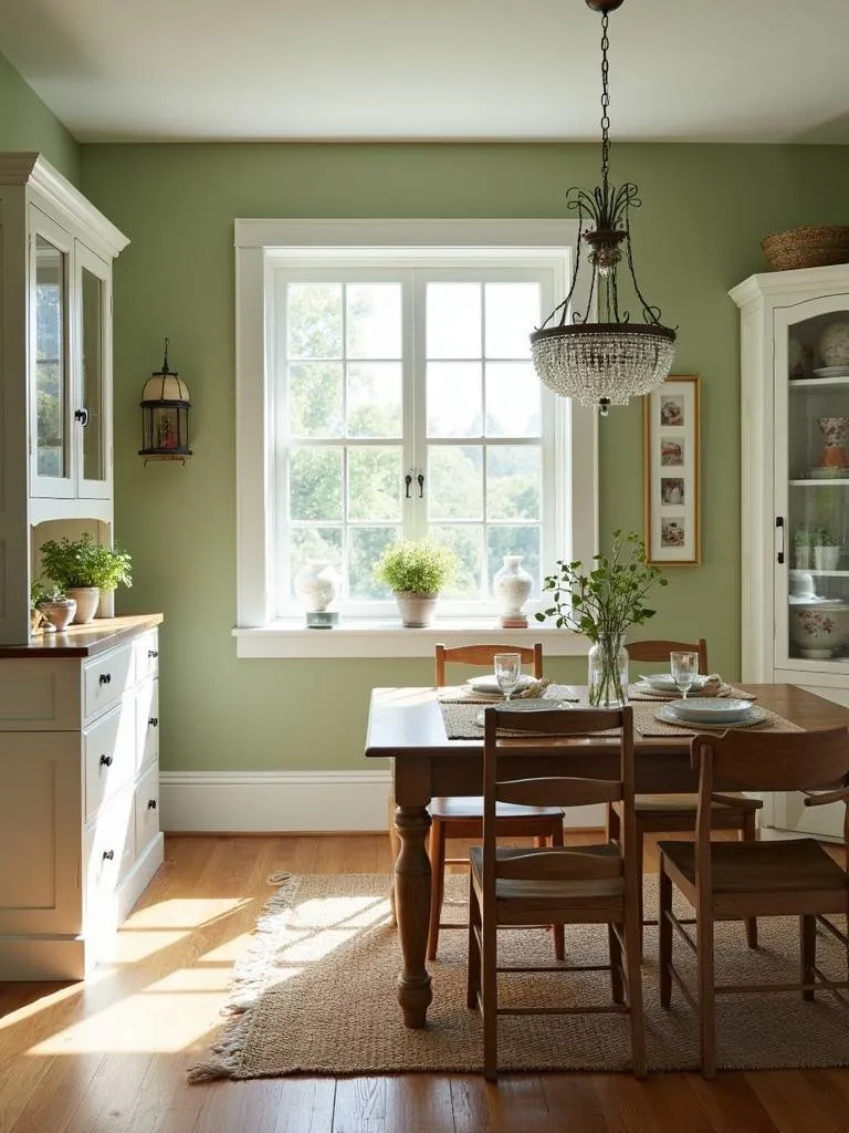Farmhouse dining room with sage green walls, creating a rustic and cozy atmosphere.