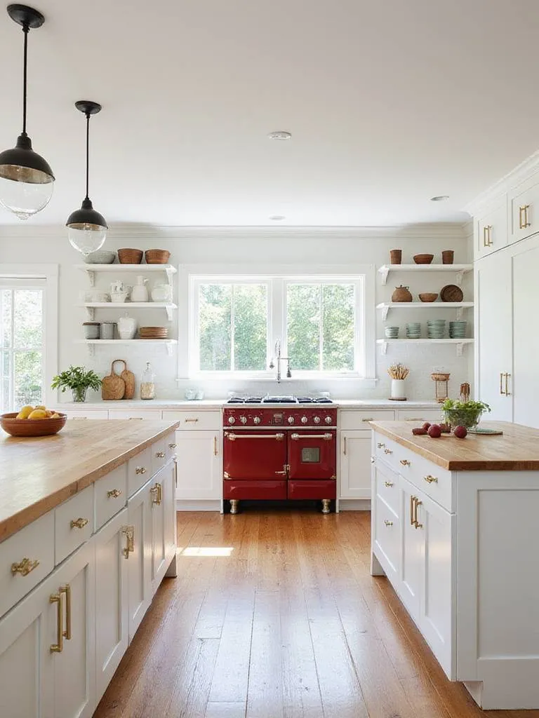Farmhouse kitchen with retro-style range and panel-ready refrigerator.