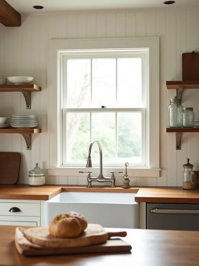 Farmhouse kitchen with white beadboard cabinets and vintage-inspired decor