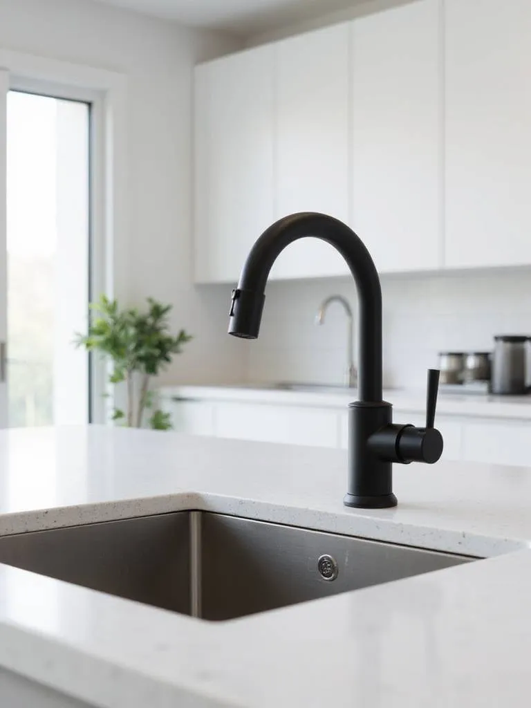 Modern kitchen with sleek matte black faucet and stainless steel sink.