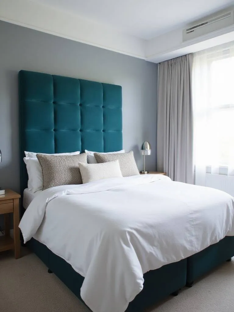 Small bedroom with teal upholstered headboard as focal point.